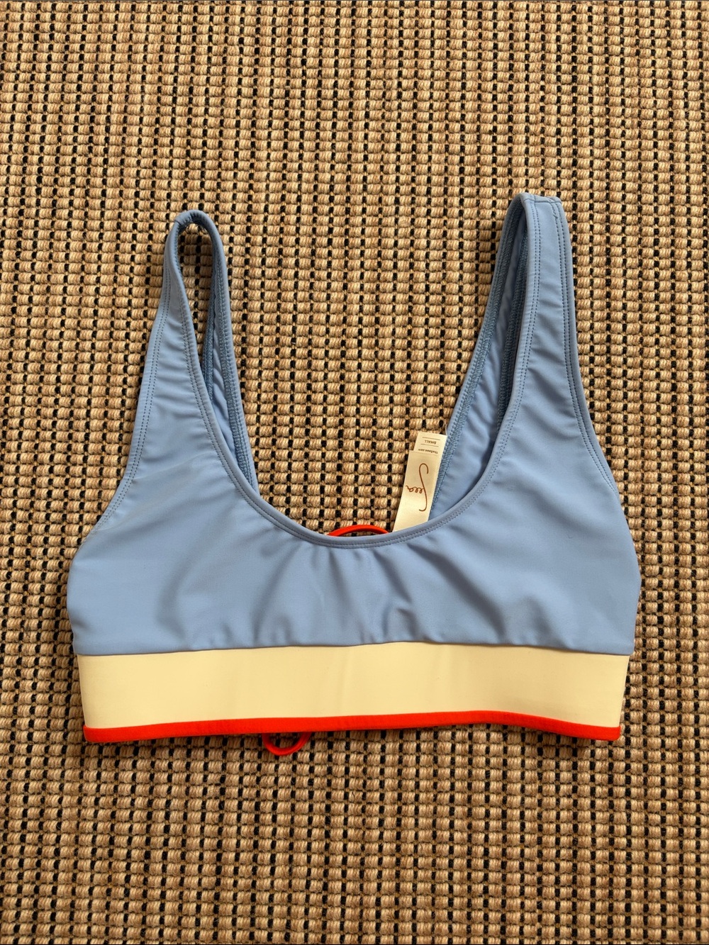 Sea Light Blue Bikini Top with Cream Band and Red Strap Detail